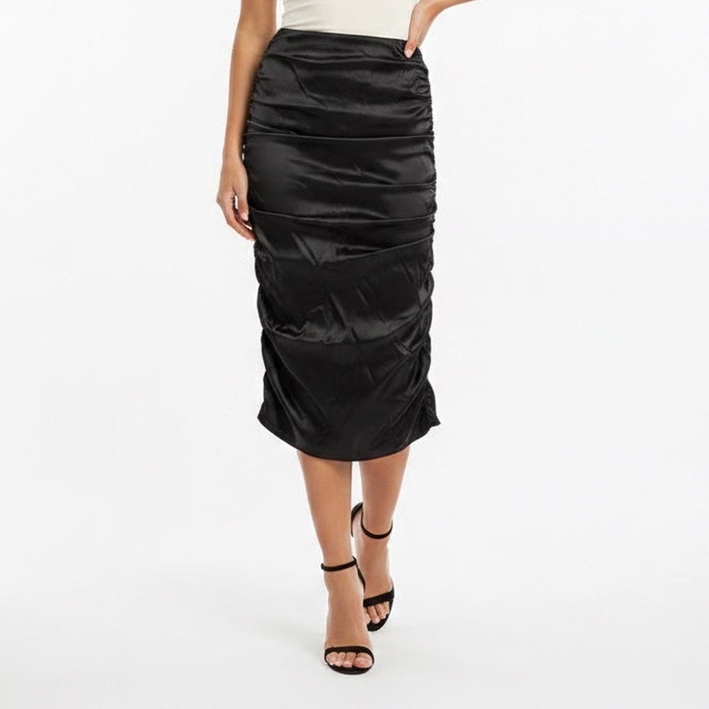 Naked Wardrobe Black Satin Ruched Strapless Tube Top Small