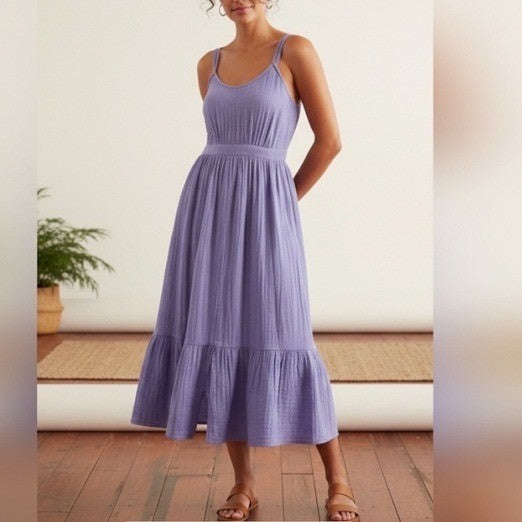 XIRENA Meriden Gauze Midi Dress Lavender Purple Strappy Tiered Hem Size L