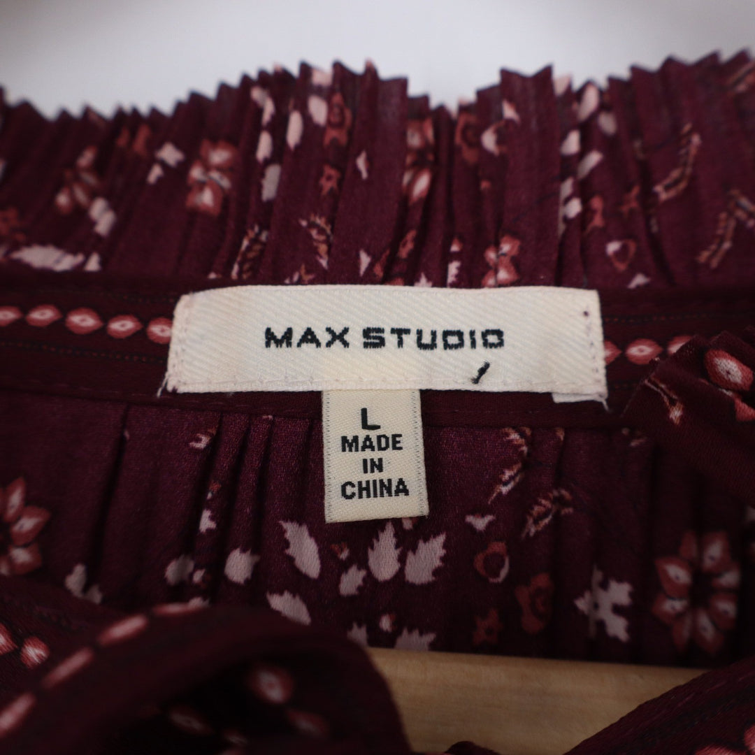 Max Studio Burgundy Floral Smocked Mock Neck Tie Blouse Large