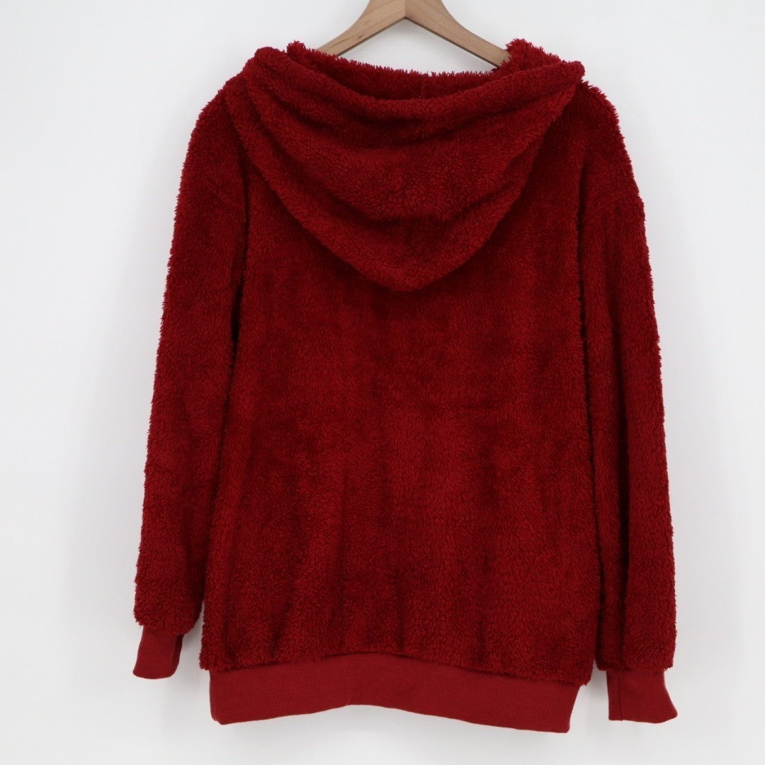 Fleece Hoodie Womens Medium Dark Red Stretch Quarter Zip Ribbed Hem Long Sleeve