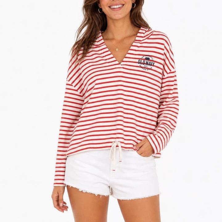 Old Navy San Francisco Striped Hoodie Red White Graphic V-Neck XL