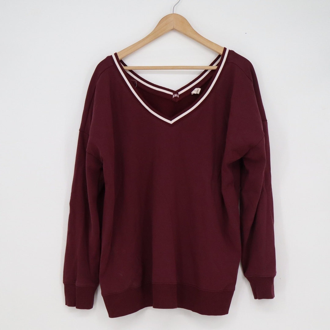 We Wander Burgundy V-Neck Striped Trim Fleece Pullover Sweatshirt 1X
