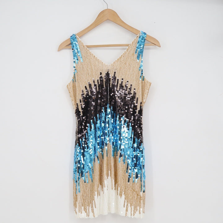 Codigo Womens Sequin Beaded Mini Dress Gold Blue Black V-Neck Size S