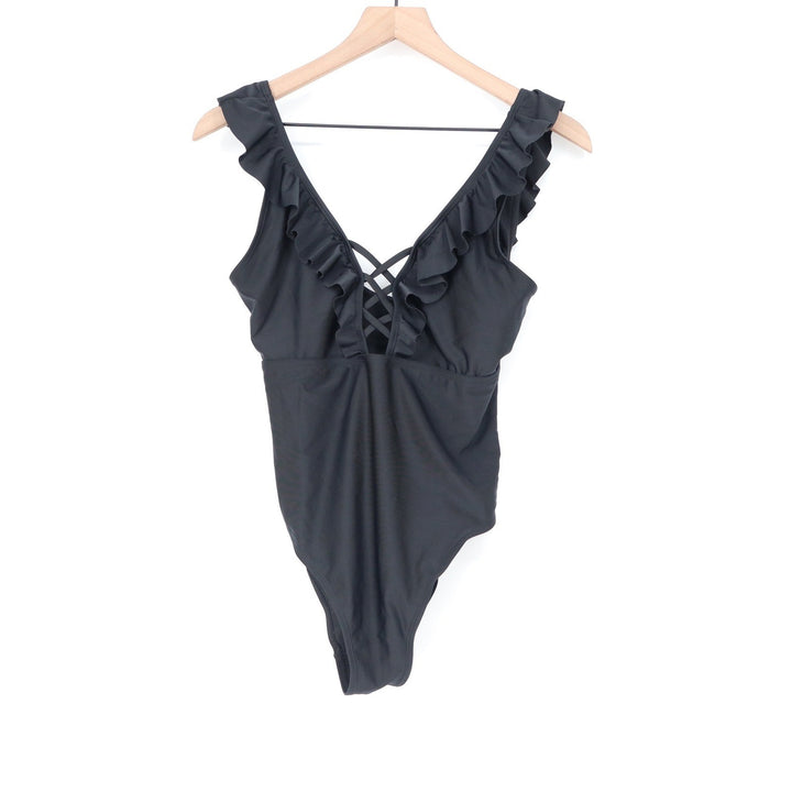 Black Ruffle V-Neck Lattice Strappy One Piece Swimsuit Large