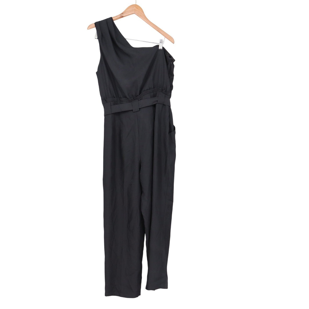 Express Womens Black One Shoulder Tie Waist Wide Leg Jumpsuit L