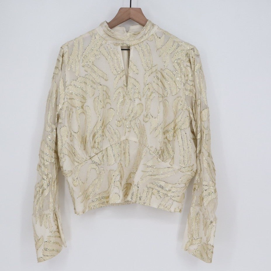 Parker The Piper Top Womens XL Gold Ivory Keyhole Cutout Mock Neck Smocked Hem