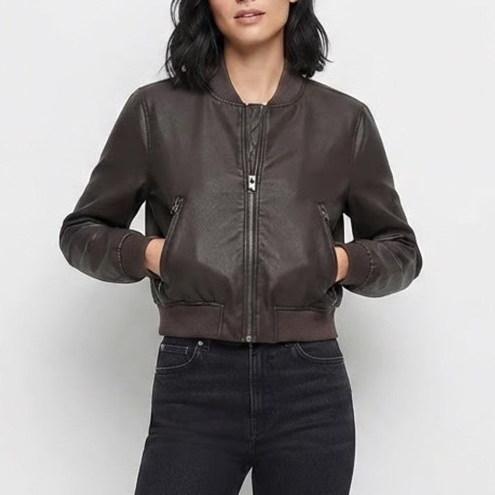 Rachel Rachel Roy Dark Brown Faux Leather Cropped Bomber Jacket XS