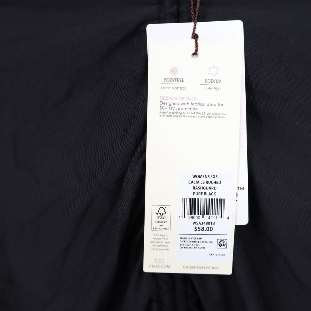 Calia Womens LS Ruched Rashguard Pure Black UPF 50+ Cropped Swim Top XS