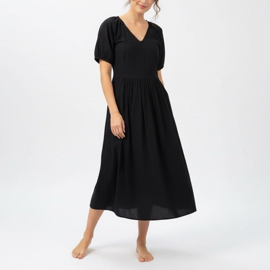 J. Crew Midi Dress Womens 2 Petite Black Cotton Stretch Lace Trim Puff Sleeve