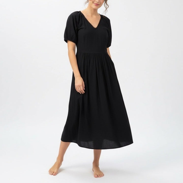 J. Crew Midi Dress Womens 2 Petite Black Cotton Stretch Lace Trim Puff Sleeve
