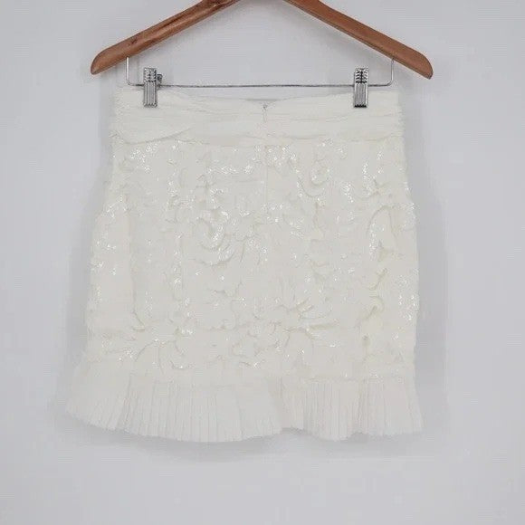Naked Wardrobe White Sequin Floral Lace Pleated Ruffle Mini Skirt S