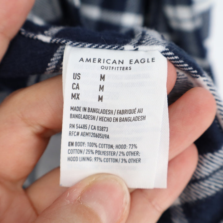 American Eagle Outfitters Flannel Shirt Mens Medium Blue White Cotton Hooded