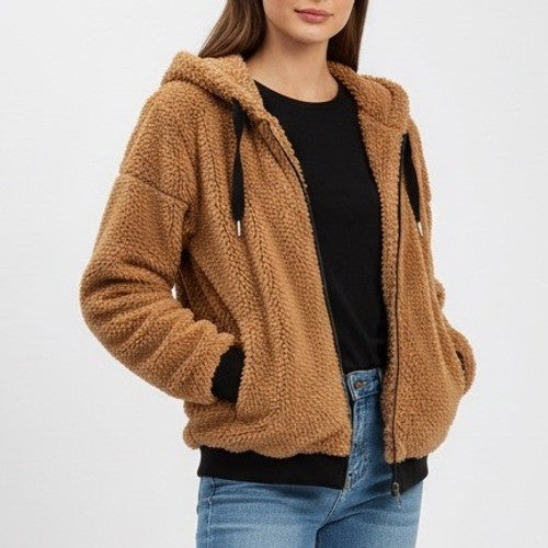 Blu Pepper Fuzzy Teddy Bear Fleece Zip Up Hoodie Jacket Brown Size M