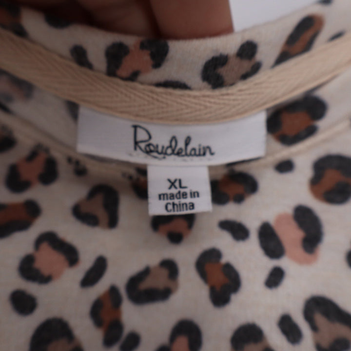 Roudelain Womens XL Leopard Print Short Sleeve Crew Neck Knit Top Tan Brown