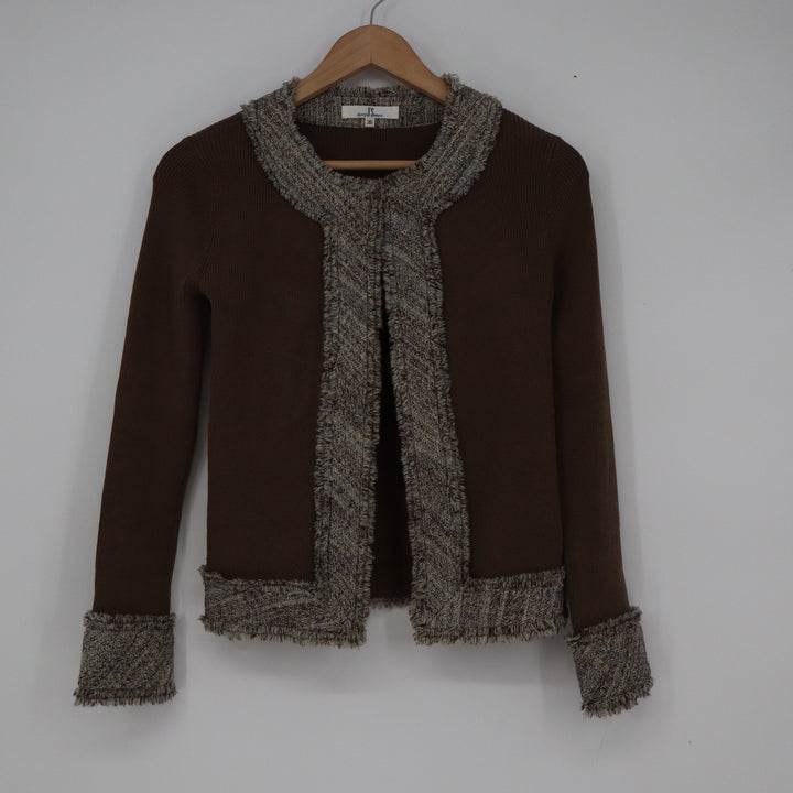 Just Miss Brown Ribbed Open Front Cardigan Tweed Trim Fringed Size 36 Small
