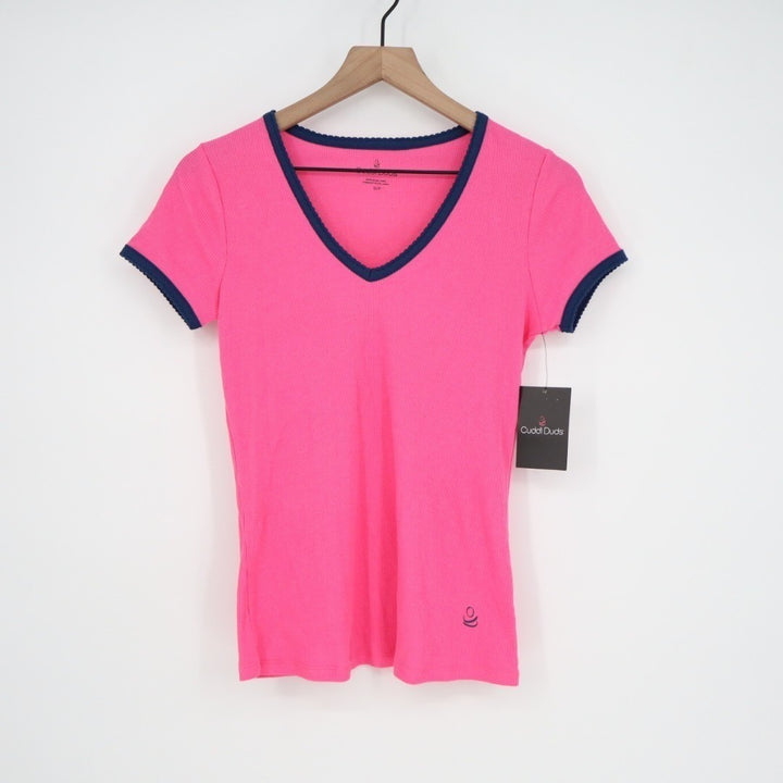 Cuddl Duds T Shirt Womens Small Pink Blue Trim Cotton Ribbed V Neck Sleepwear