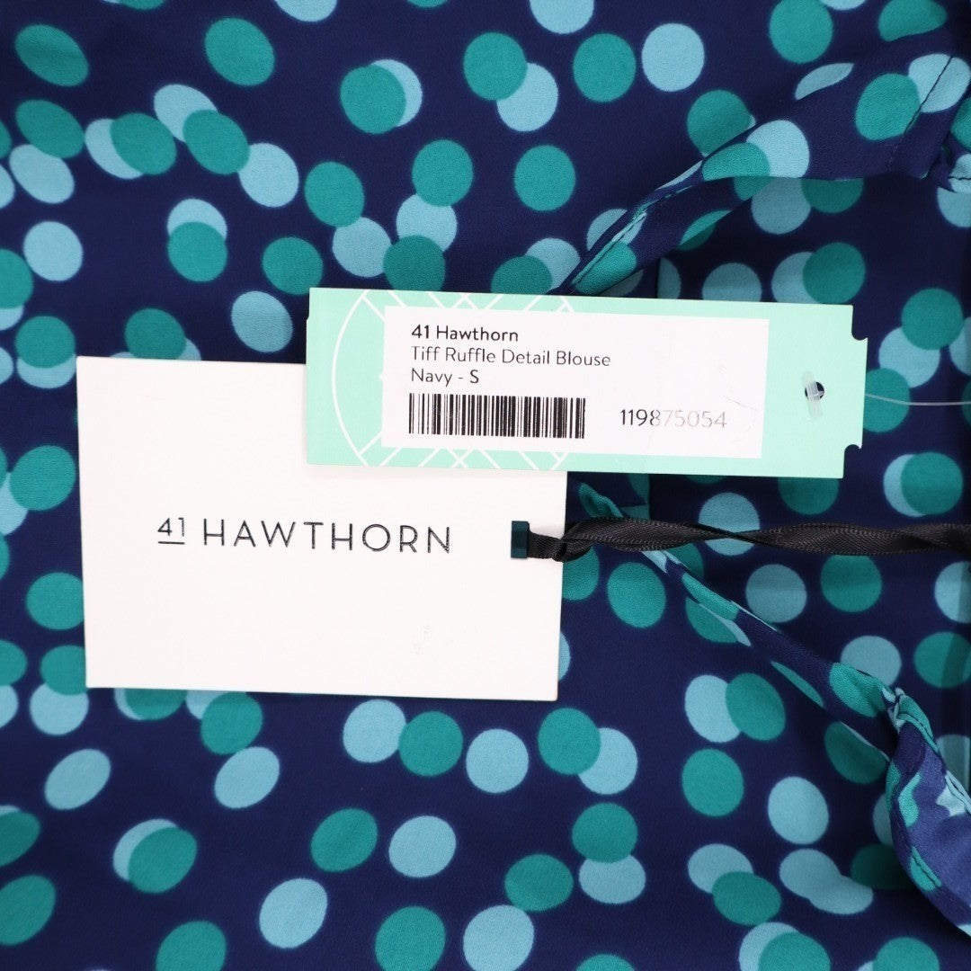 41 Hawthorn Tunic Blouse Womens S Navy Polka Dot Split Neck Tiff Ruffle Detail