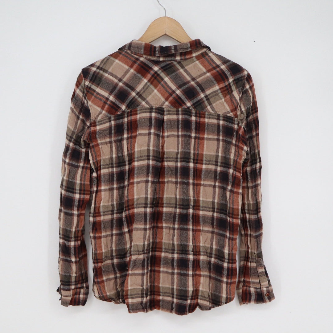 Impressions Brown Tan Plaid Rayon Button Down Shirt Womens Large Long Sleeve