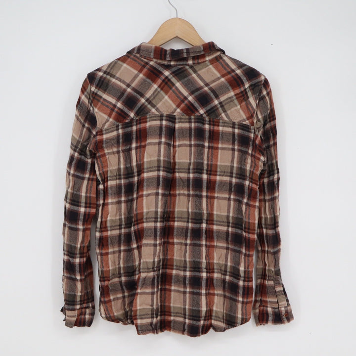 Impressions Brown Tan Plaid Rayon Button Down Shirt Womens Large Long Sleeve