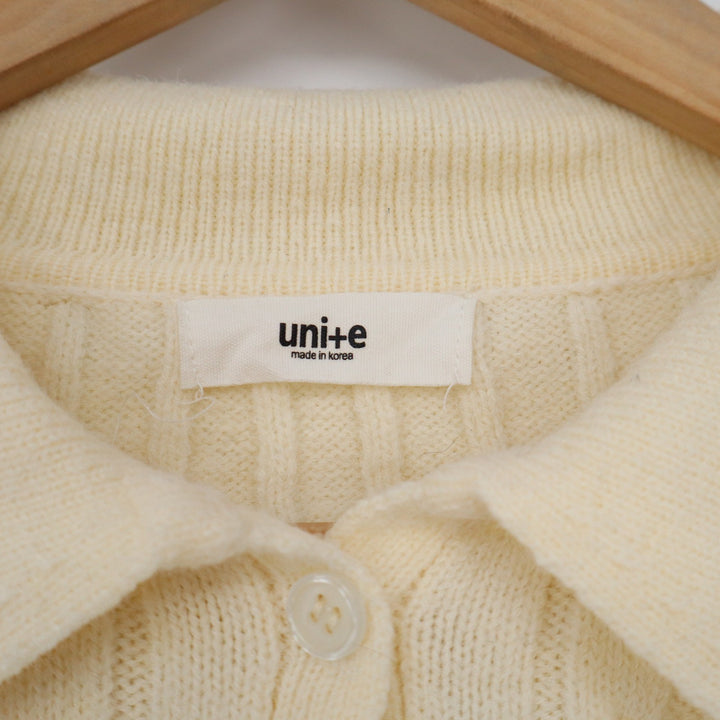 uni+e Cream Cable Knit Cropped Polo Sweater Long Sleeve Cotton Blend Korea
