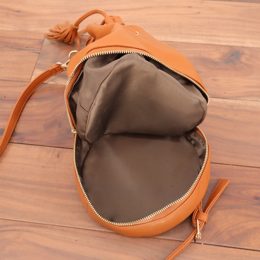 Cognac Brown Faux Leather Drawstring Bucket Bag Tassel Crossbody Zipper Bottom