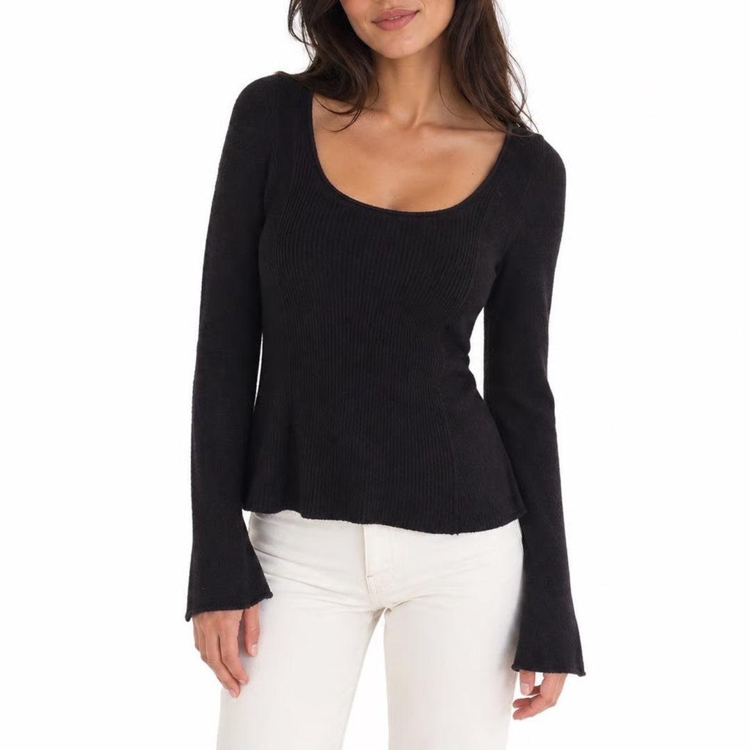 Free People Ribbed Knit Scoop Neck Long Sleeve Top Black XS Exposed Back Zipper