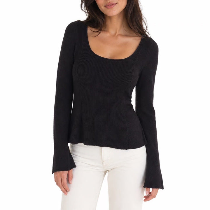 Free People Ribbed Knit Scoop Neck Long Sleeve Top Black XS Exposed Back Zipper