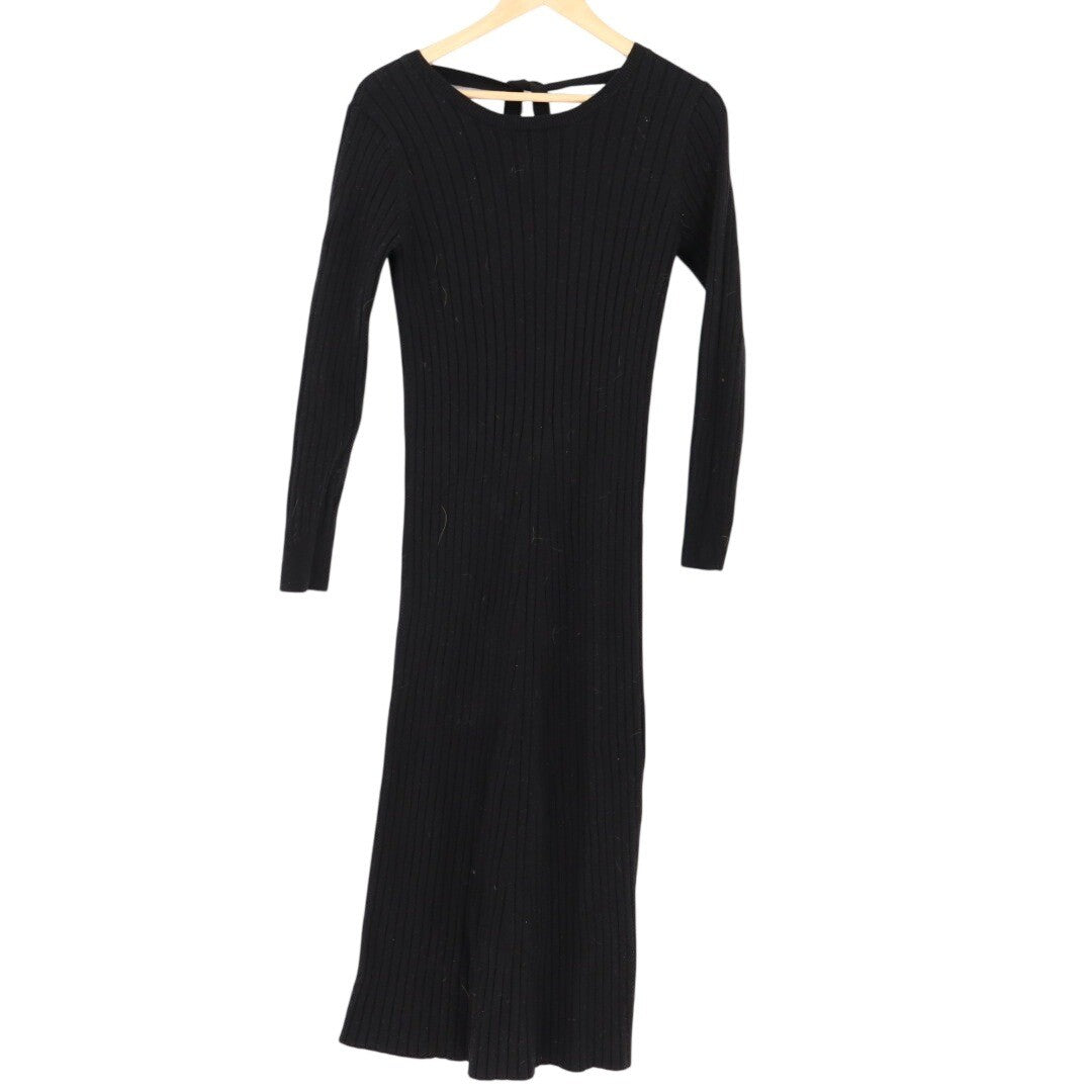 Black Ribbed Knit Maxi Dress Tie Back Long Sleeve Size XS