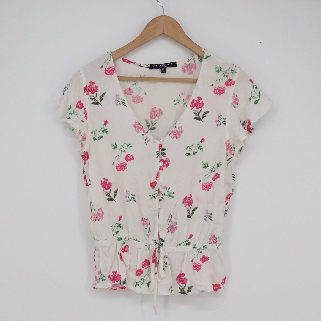One Clothing Pink Floral Button Front Peplum Blouse White Medium