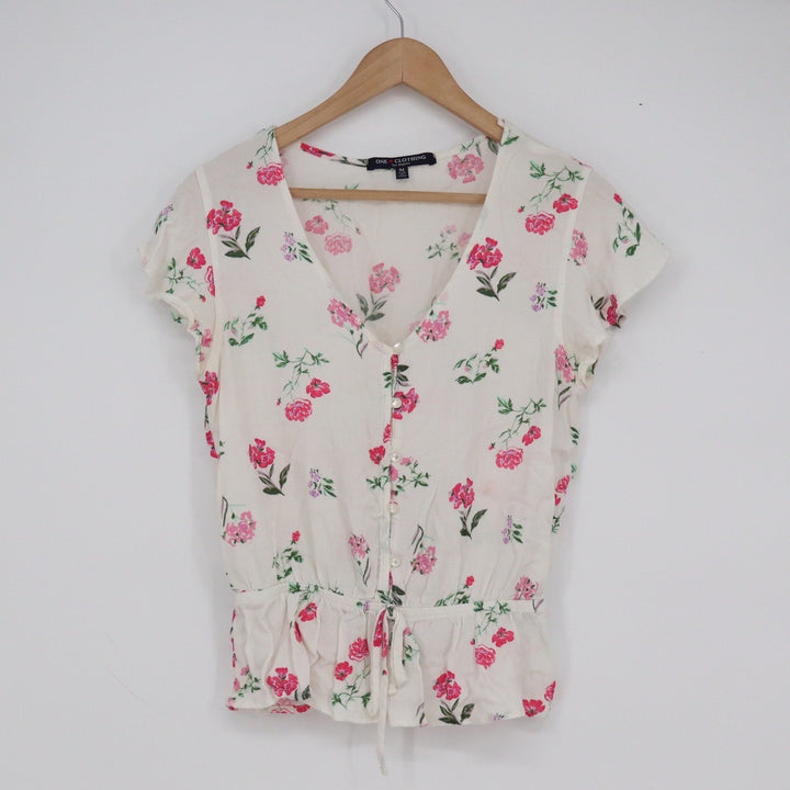 One Clothing Pink Floral Button Front Peplum Blouse White Medium