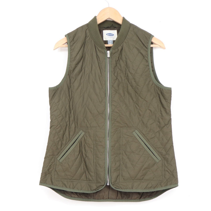 Old Navy Mens Olive Green Quilted Puffer Vest Full Zip Bomber Collar Medium