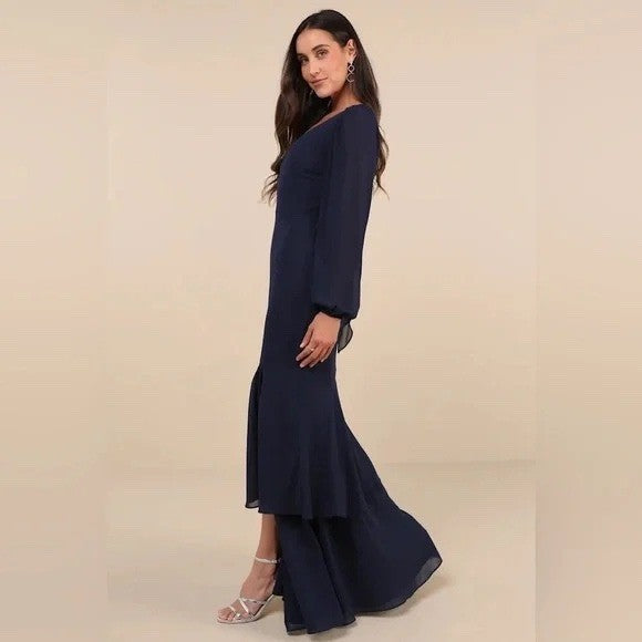 Lulus Tier Elegance Navy Long Sleeve Tiered Maxi Dress Size 2X