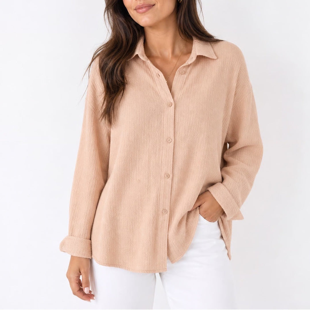 SHEIN Peach Crinkle Textured Button Up Shirt Long Sleeve Oversized Medium