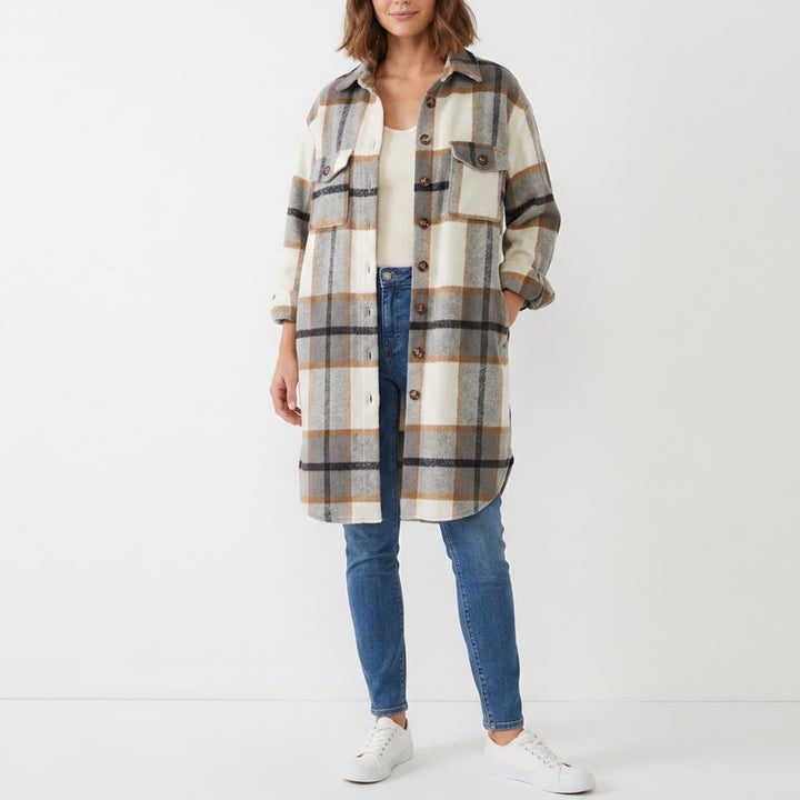 Plaid Longline Shacket Grey Cream Tan Oversized Button Front L