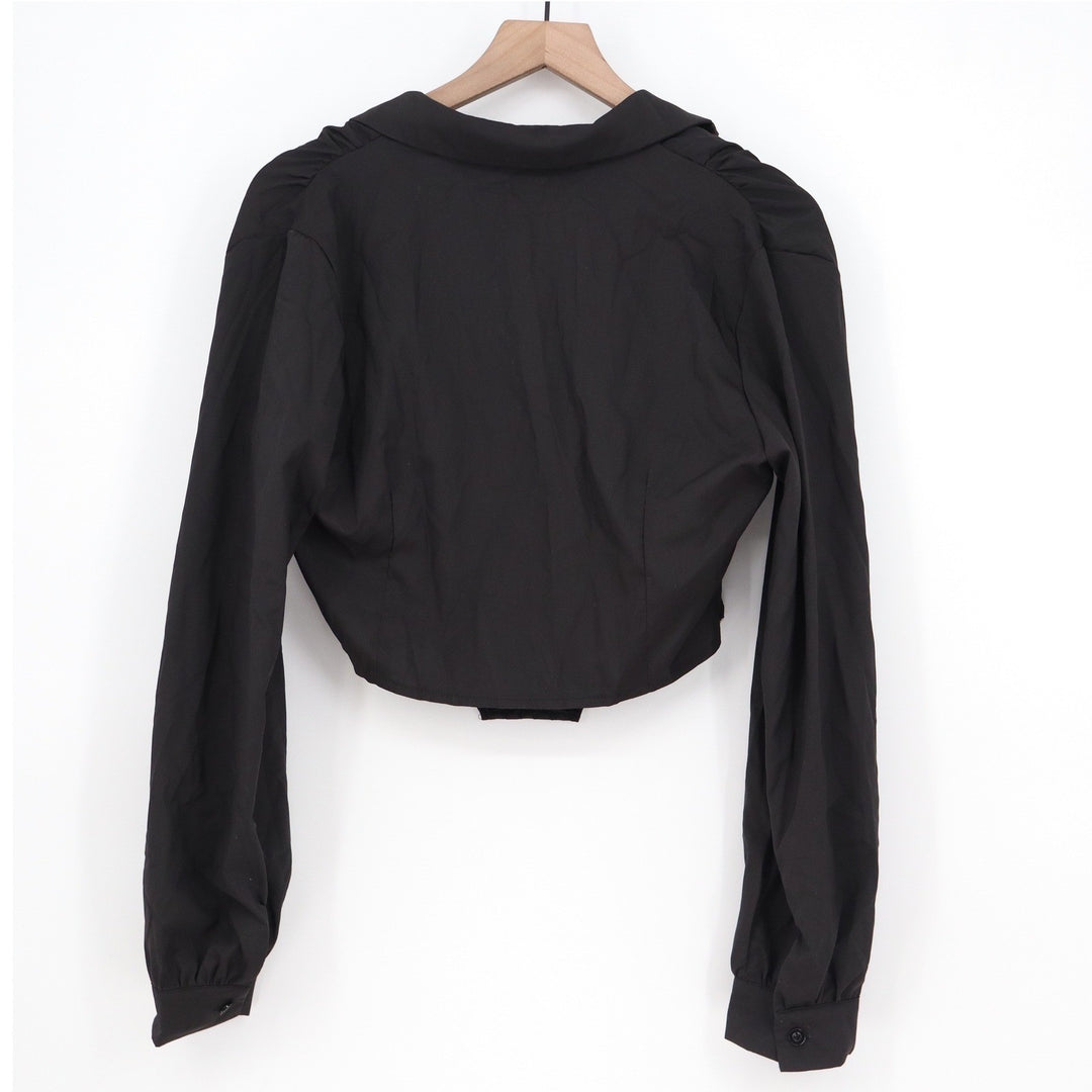 SHEIN Black Corset Style Cropped Blouse Long Sleeve V-Neck Top Large KLB
