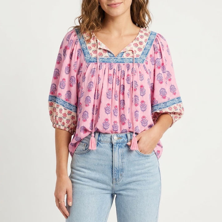 Old Navy Tunic Top Womens Medium Pink Floral Pleated Short Sleeve Split Neck