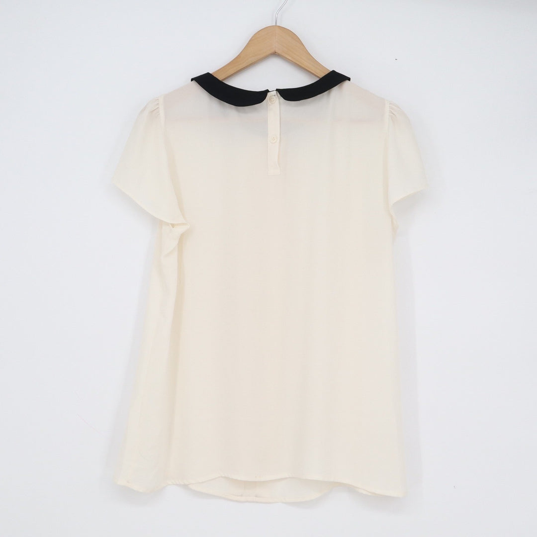 Ann Taylor Loft Cream Black Peter Pan Collar Pleated Blouse Short Sleeve M