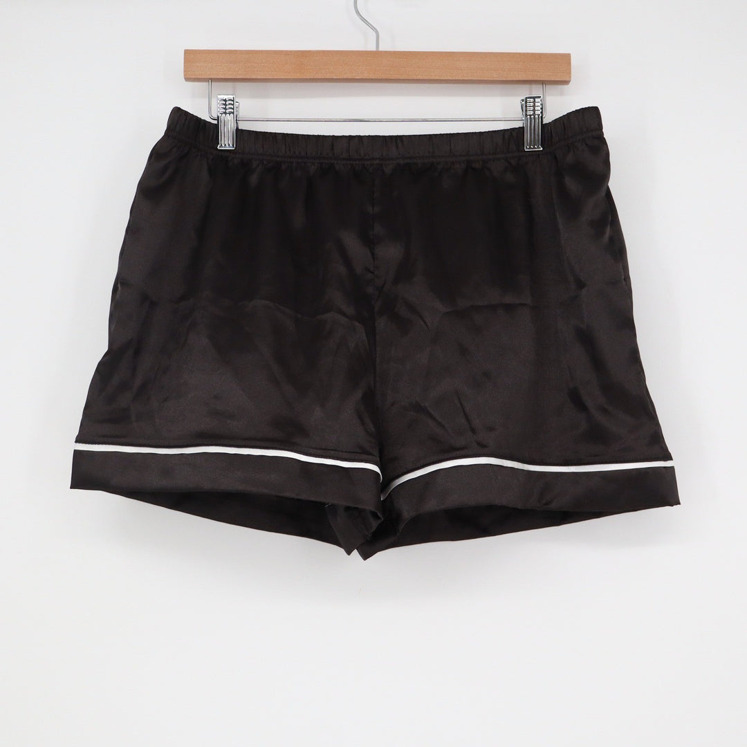 Black Satin Pajama Shorts with White Piping Elastic Waist Size Large