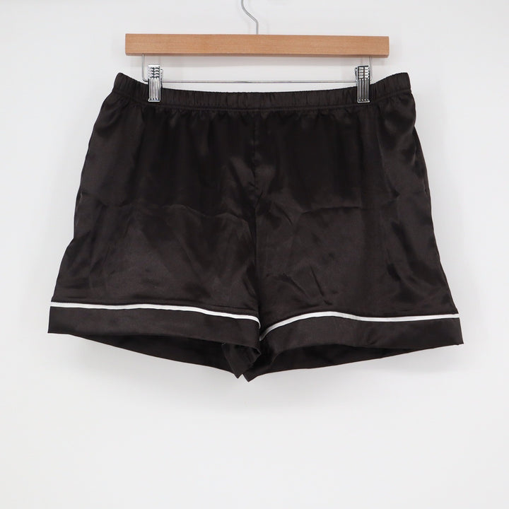 Black Satin Pajama Shorts with White Piping Elastic Waist Size Large