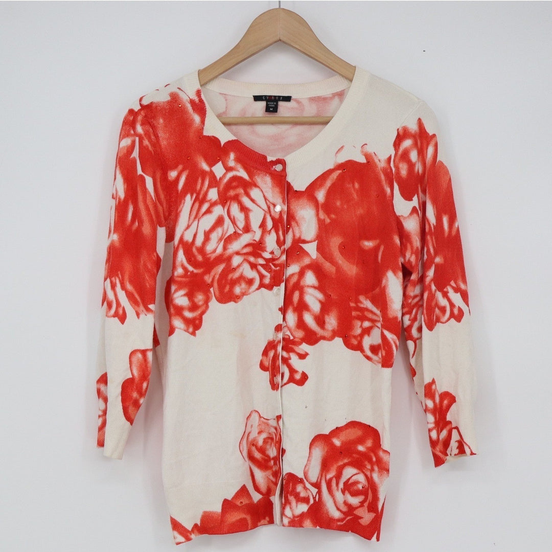 Cyrus Womens Red Rose Floral Button Front Cardigan Rhinestone White Size M