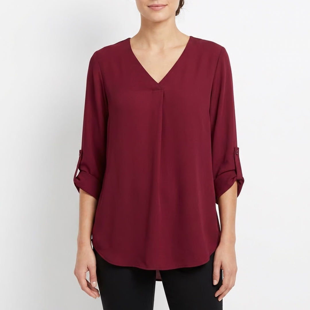 Youtalia Blouse Womens Large Red Roll Tab Sleeve Curved Hem V Neck Pullover