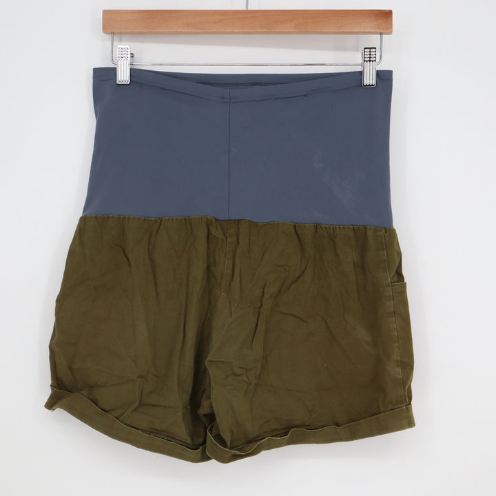 Maacie Womens Medium Maternity Shorts Olive Green Over Belly High Waist Cuffed