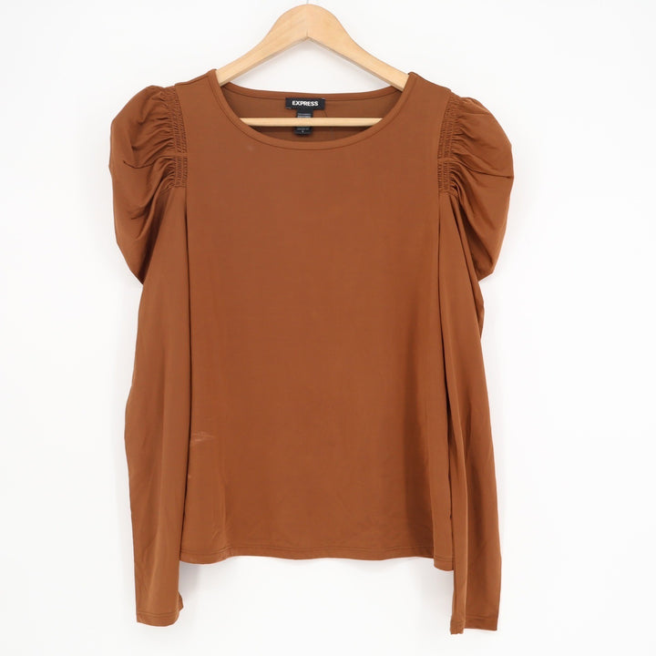 Express Brown Puff Sleeve Smocked Conscious Edit Top NWT M