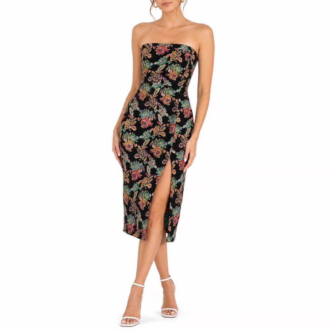 Olia Clothing VICI Ganni Jacquard Strapless Midi Dress Black Multi Floral Large