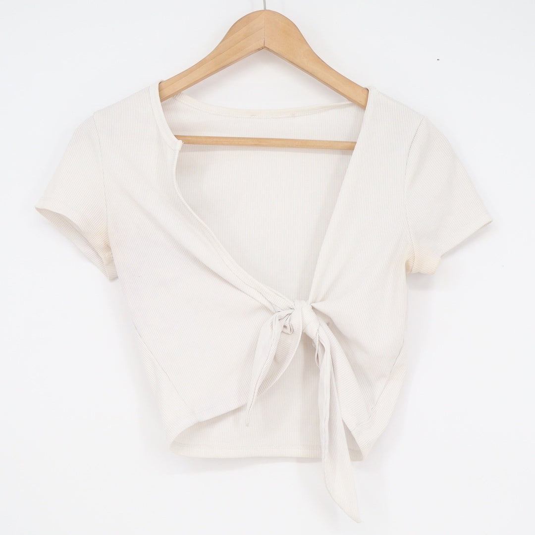 Cream Ribbed Tie Front Crop Top Short Sleeve V-Neck Off White Size L
