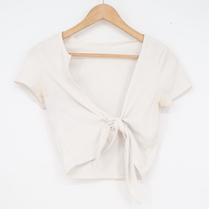 Cream Ribbed Tie Front Crop Top Short Sleeve V-Neck Off White Size L