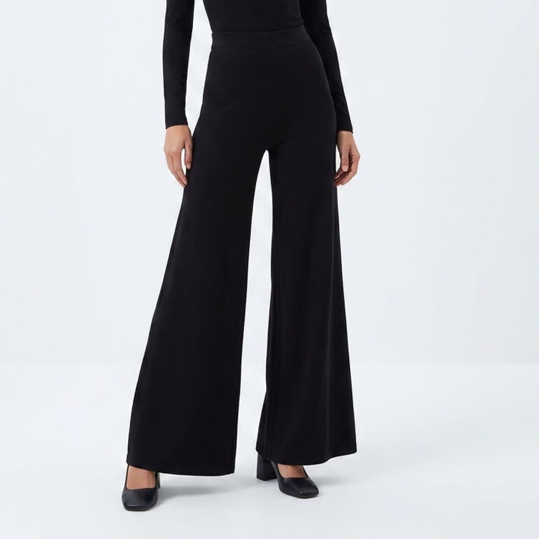 Trousers Womens Core Black Knitted Pull On High Rise Street Wear Flared Leg