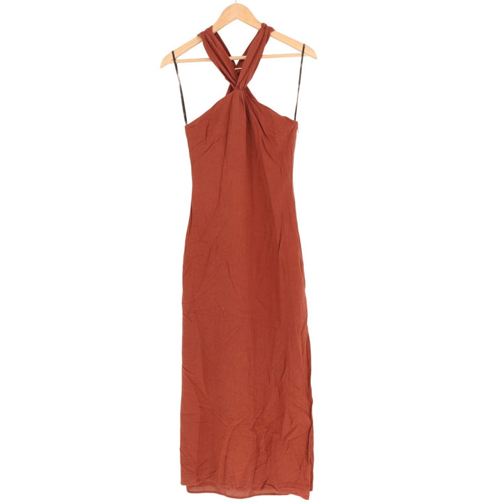 Lulus Calessia Maxi Dress Womens Small Rust Brown Linen Halter Neck Side Zip