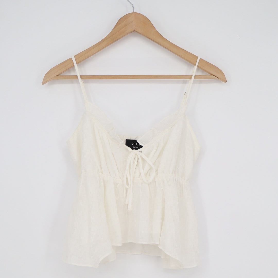 VICI Cream White Ruffle Tie Front Smocked Peplum Camisole Top Small