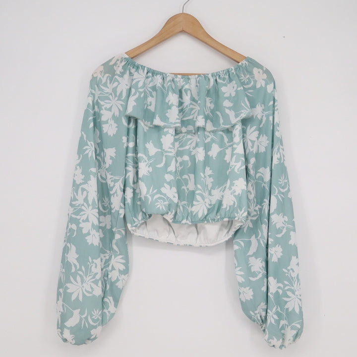 Peach Love California Floral Ruffle Off Shoulder Crop Top Sage Green M